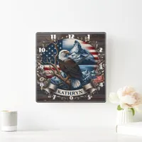 Majestic Eagle With Mountains and American Flag Square Wall Clock