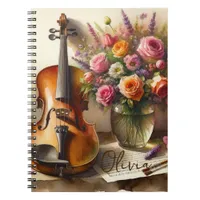 Violin, Sheet Music and a Vase of Flowers  Notebook