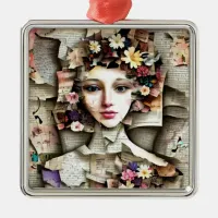 Collage Art | A Pretty Girl made of Book Pages Metal Ornament