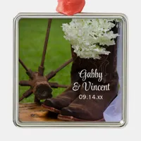Rustic Hydrangea and Cowboy Boots Western Wedding Metal Ornament