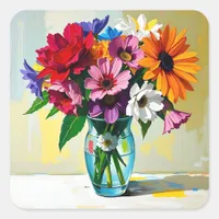 Impasto Style Vase of Colorful Flowers Square Sticker