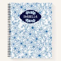 Personalized Name Feminine Blue Floral Pattern Notebook