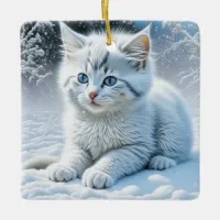 Cute White Cat Playing in the Snow Christmas Ceramic Ornament