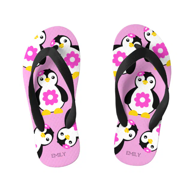 Cute Baby Girl Penguins with Pink Flowers Kid's Flip Flops