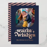 Rose Gold & Navy Blue Modern Retro Christmas Photo Foil Holiday Card