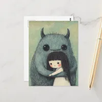 Adorable Girl and Her Cute Monster Friend Fantasy Postcard