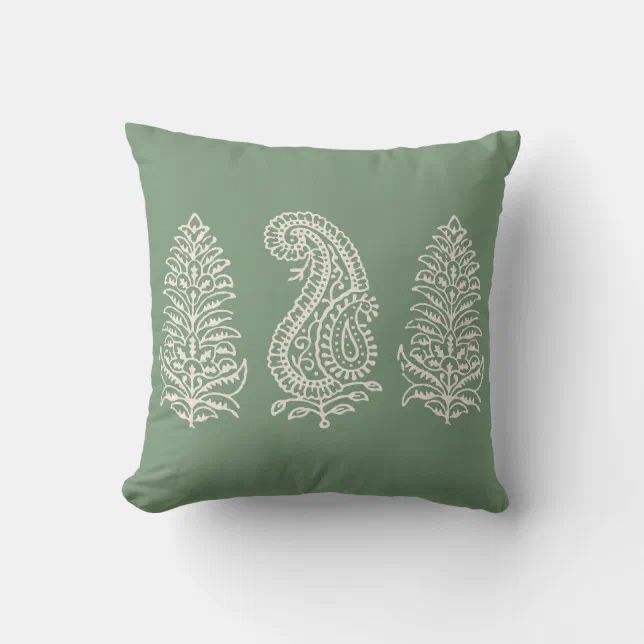 Indian Motif Handblock Print Beige on Pistachio Throw Pillow