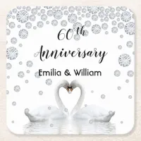 60th diamond wedding anniversary white swans love square paper coaster