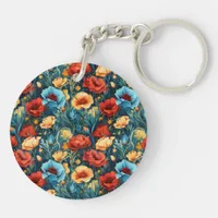 Beautiful Yellow Blue and Red Flowers Two-sided Keychain