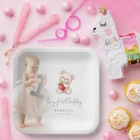 Teddy Bear Photo Overlay Berry First Birthday Paper Plates