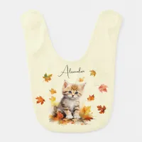 Cute Orange Tabby Kitten in Fall Leaves Baby Bib