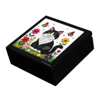 Cute Black and White Cat, Flowers and Butterflies Gift Box