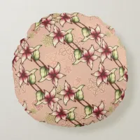 Pink Poinsettia Diagonal Stripe Christmas Round Pillow