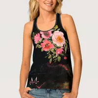 Beautiful watercolor Pink  Black Monogram Floral Tank Top