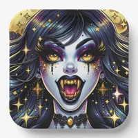 Vampire with Gold Fangs Full Moon Halloween Party Paper Plates