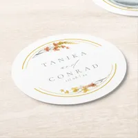 Wildflower Wedding Watercolor Names Gold ID954 Round Paper Coaster