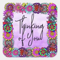 Thinking of You | Floral Border Square Sticker