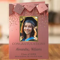 Shimmering Rose Gold Graduation Caps and Photo Card