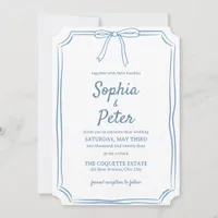 Elegant Dusty Blue Hand-Drawn Bow Timeless Wedding Invitation