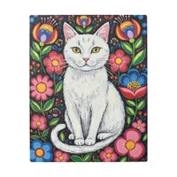 White Cat in Colorful Folk Art Flowers