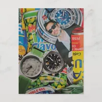 Canned Watches Food and Man Collage Postcard