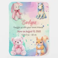 Woodland Animal Friends Watercolor Birth Details Baby Blanket