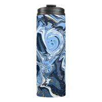 Blue, White and Gold Swirls Fluid Art   Thermal Tumbler