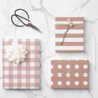 Brown White Matching Patterns Gingham Dots Stripe  Wrapping Paper Sheets