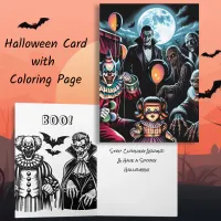 Clown, Vampire and Zombie Halloween Coloring Page Card