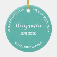 Son Photo And Name Teal Christmas Ceramic Ornament