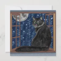 Black Cat Looking out Window at Stars and Moon  Card