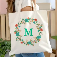 Pretty Floral Wreath Monogram Tote Bag