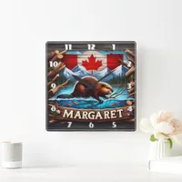 Canadian Beaver Swimming Near Mountains and Forest Square Wall Clock