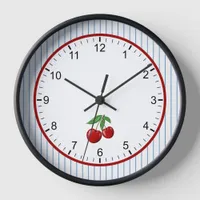 Red Cherries on Blue Stripes Retro Style Framed Clock