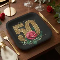 Elegant Black Gold Red Rose Floral 50th Birthday Paper Plates