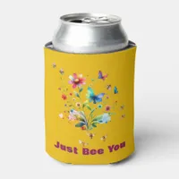 Simple Floral Watercolor Monogram Bee on mustard  Can Cooler