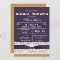 Burlap , lace,purple rustic bridal shower Invites