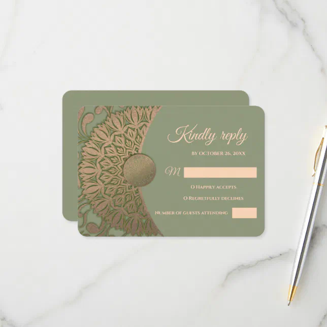 Elegant Modern Sage green & gold classic mandala RSVP Card