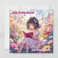 Pretty Anime Girl Reading | Coloring Page Birthday Card