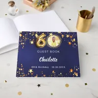 60th Birthday navy blue gold stars photo Guest Book