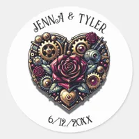 Personalized Wedding Steampunk Heart and Roses  Classic Round Sticker