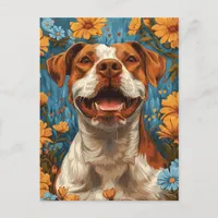 Cute Brown and White Dog and Flowers Postcard