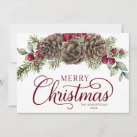 Elegant Script Merry Christmas Botanical Pine Cone Holiday Card