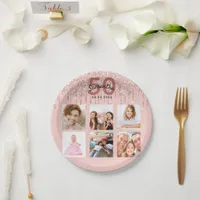 50th birthday photo rose gold pink drips paper plates