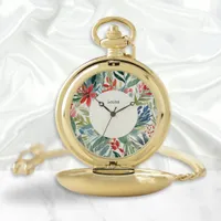 Red Poinsettia Flowers Elegant Floral Christmas Pocket Watch