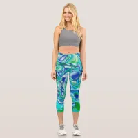 Blue and Green Marble Fluid Art Abstract  Capri Leggings