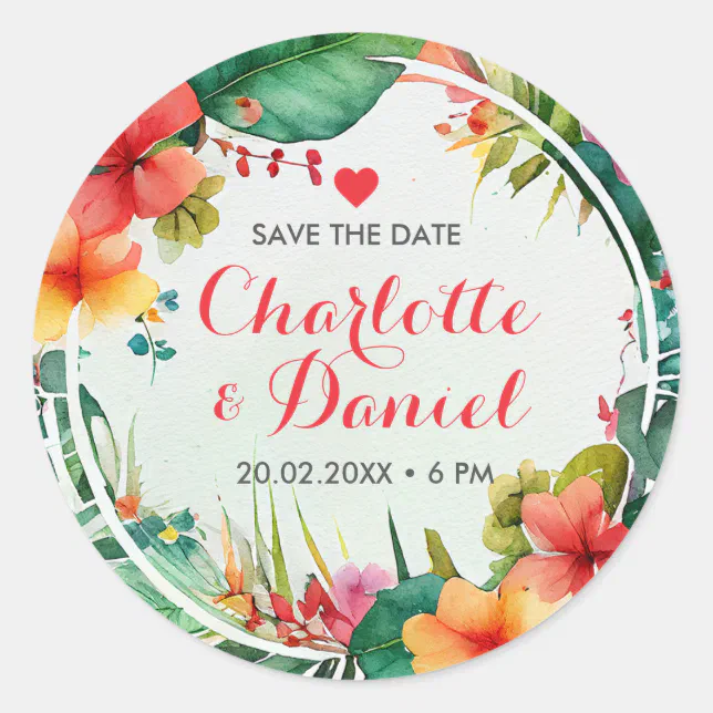 Topical Floral Wreath  | Save The Date | Wedding Classic Round Sticker