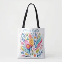 Colorful Feather Floral Tote Bag, Boho Style,