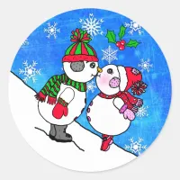 Snowman Couple Kissing under Mistletoe Christmas Classic Round Sticker