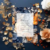 Navy Blue, Burnt Orange & Champagne Floral Wedding Invitation